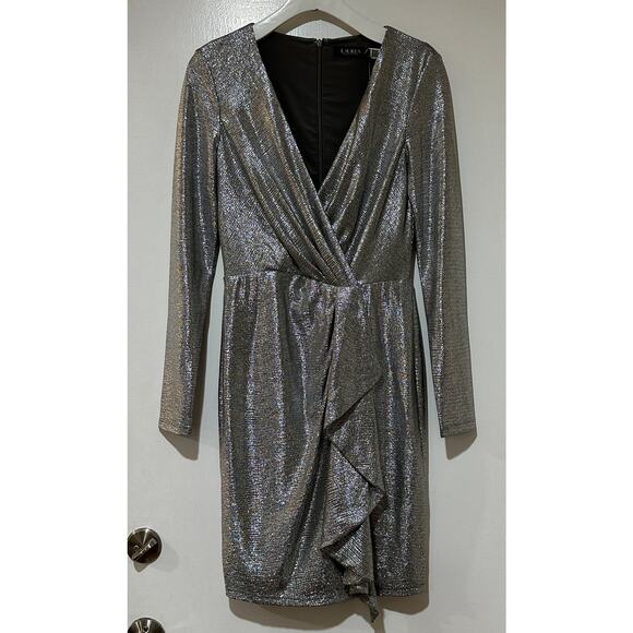 Lauren Ralph Lauren Metallic Knit Faux Wrap Ruffle Dress Size 6 NWT Cocktail - Picture 2 of 15